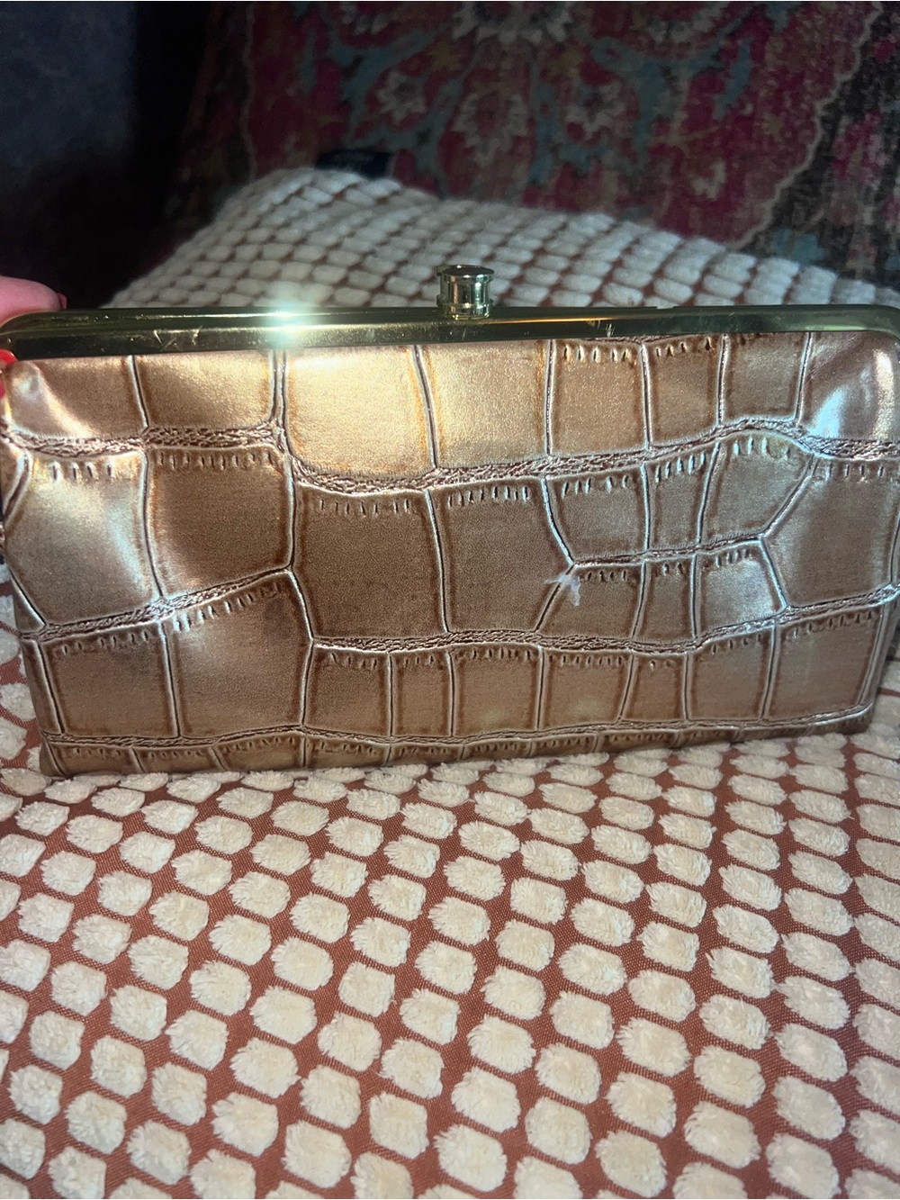 Metallic Bronze Croc-Embossed Frame Clutch by Braciano, like new!